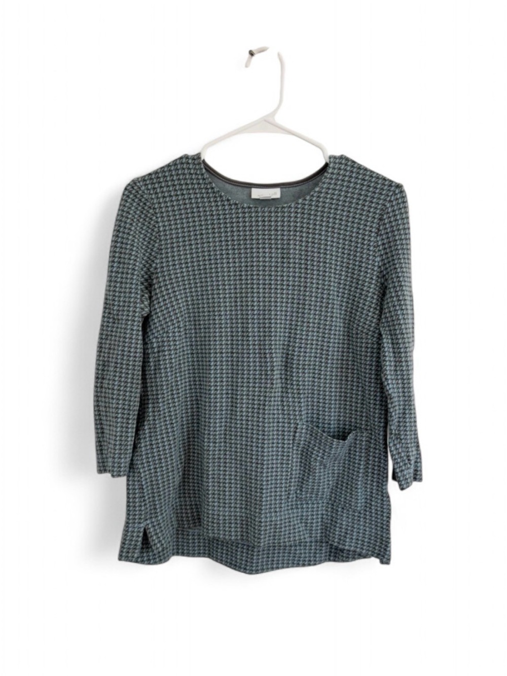 J. Jill Women's Top Ponte S 3/4 Sleeve Viscose Blend Blue Gray Houndstooth